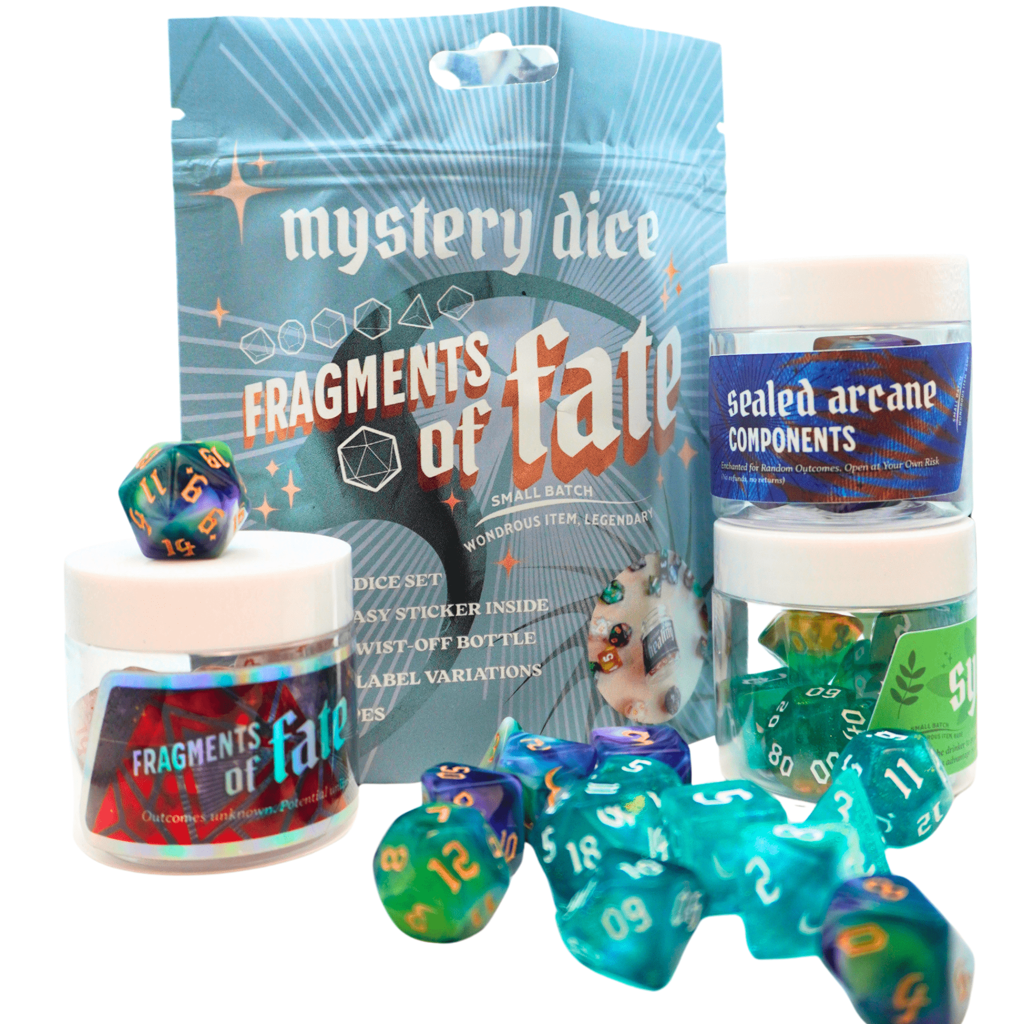 Fragments of Fate: Mystery Dice Bottle Set, 7 RPG Dice Set of 7 Polyhedral with Plastic Bottle and Special Label, for Tabletop Role Playing Games Like Dungeons and Dragons