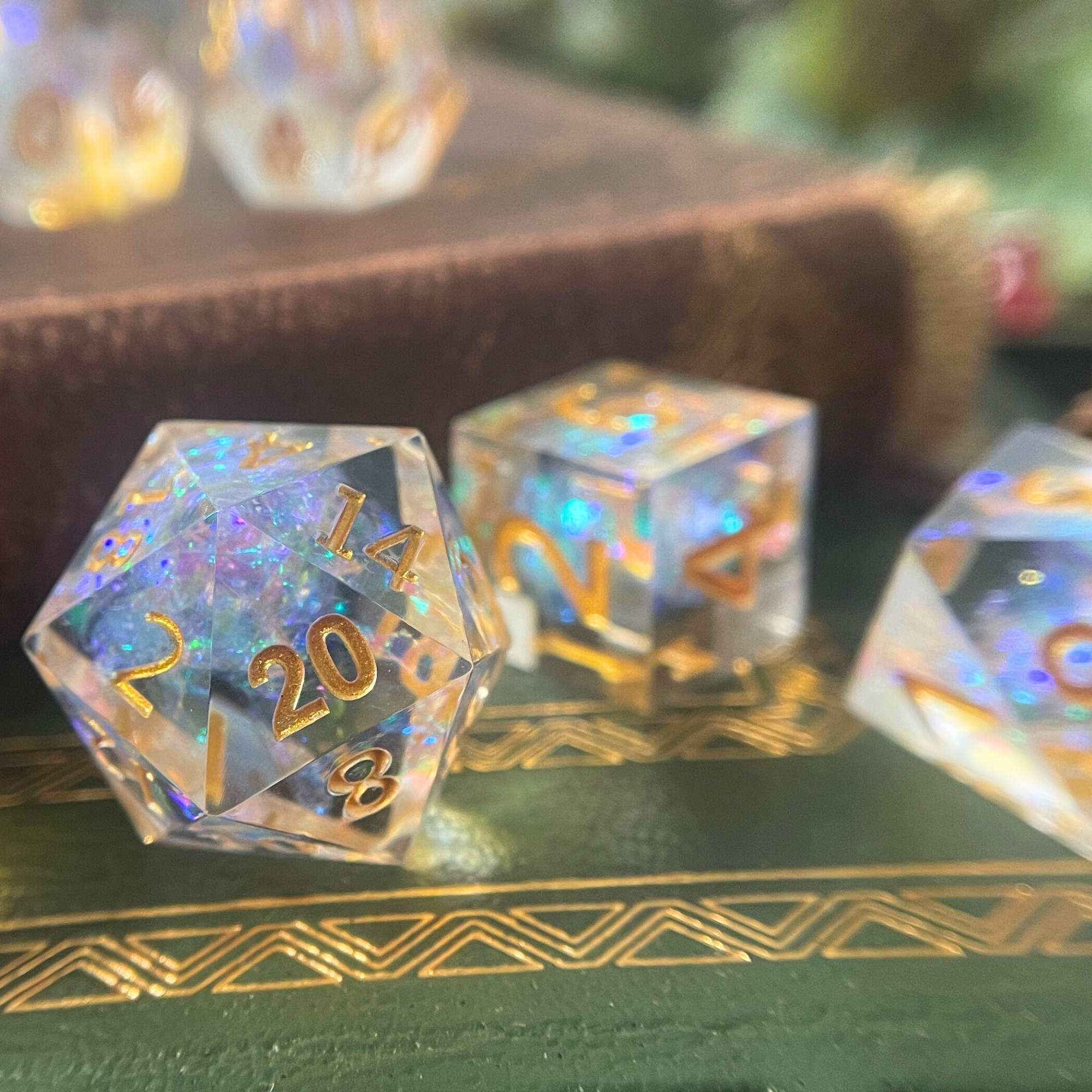 Dice Arcana sharp-edge dice set with background