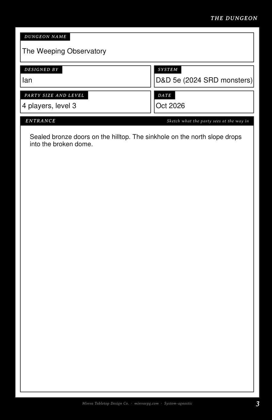 The Dungeon page of the One-Shot Dungeon Builder filled in for the Weeping Observatory