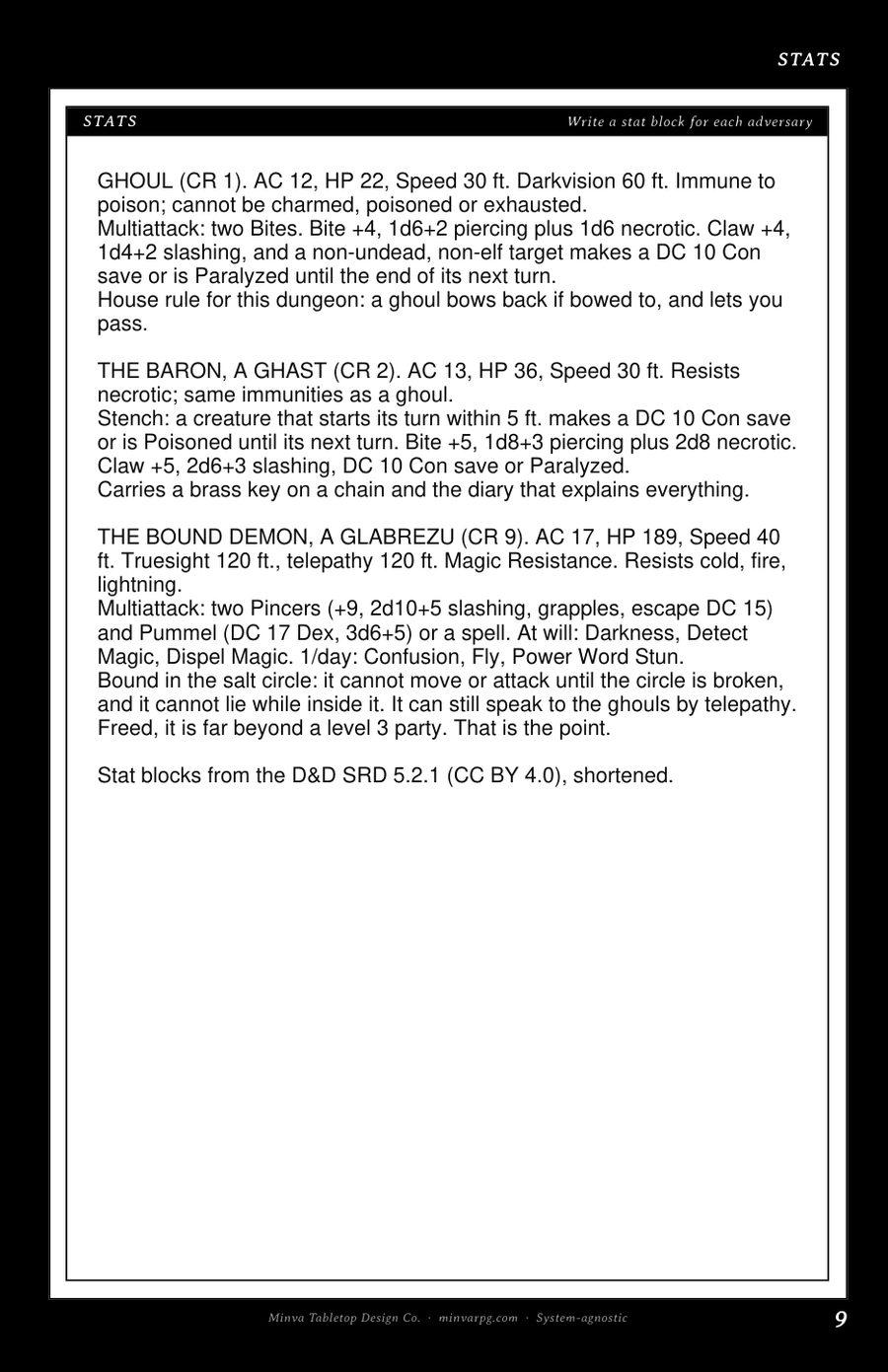 The Stats page with short stat blocks for the ghouls, the bound demon and the baron
