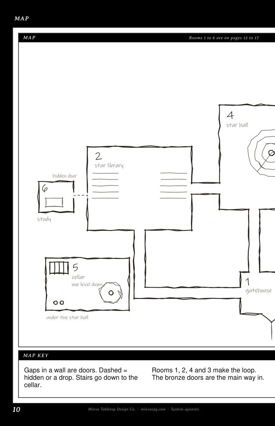Left half of the Weeping Observatory map: the hidden study, the star library, the star hall and the cellar inset