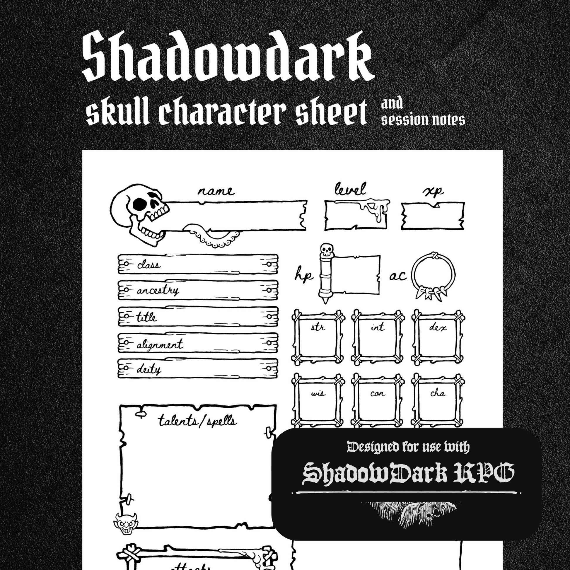 Shadowdark Skull Character Sheet and Session Notes