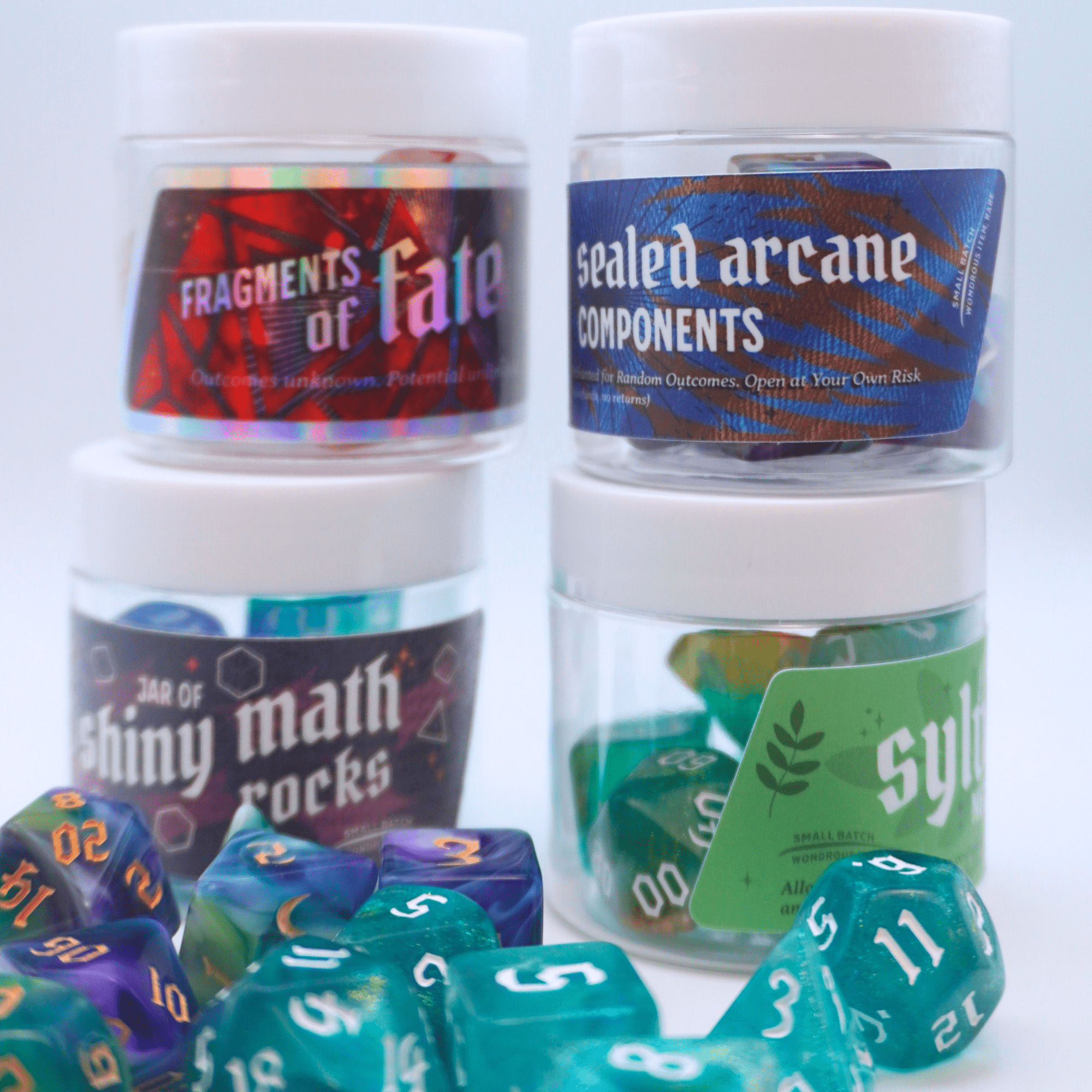 Fragments of Fate: Mystery Dice Bottle Set, 7 RPG Dice Set of 7 Polyhedral with Plastic Bottle and Special Label, for Tabletop Role Playing Games Like Dungeons and Dragons