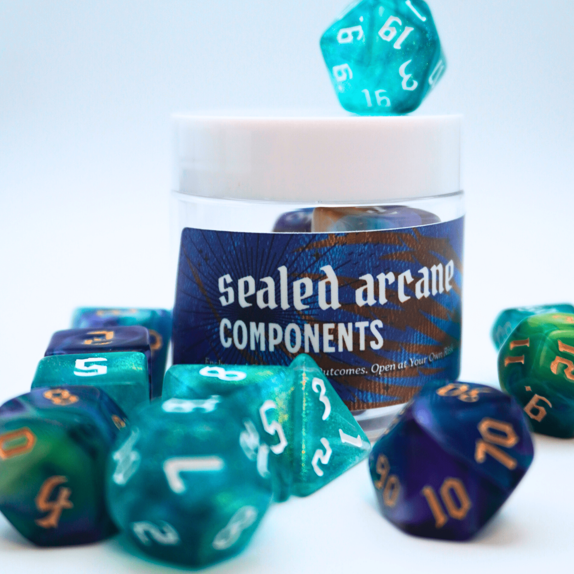 Fragments of Fate: Mystery Dice Bottle Set, 7 RPG Dice Set of 7 Polyhedral with Plastic Bottle and Special Label, for Tabletop Role Playing Games Like Dungeons and Dragons