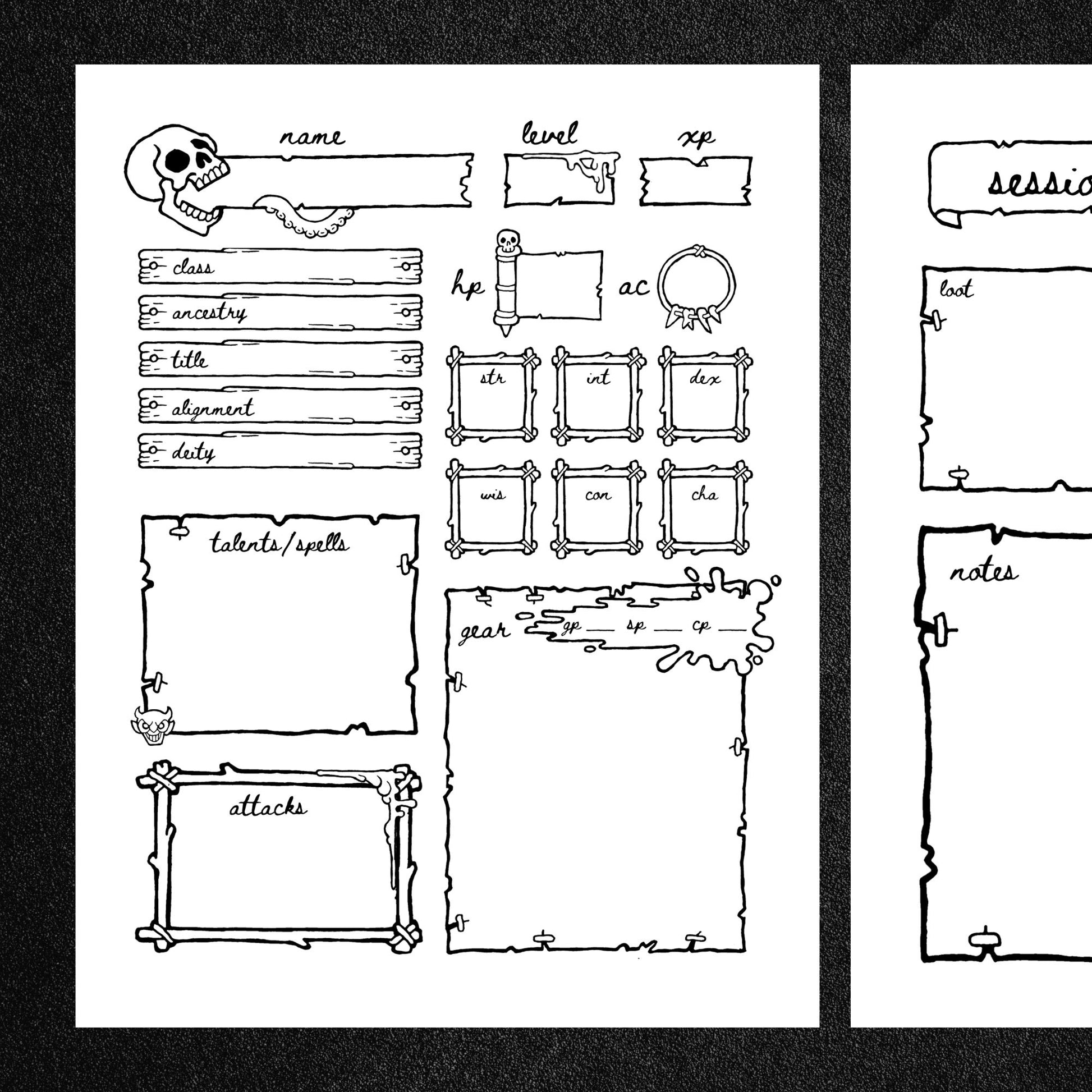 Shadowdark Skull Character Sheet and Session Notes