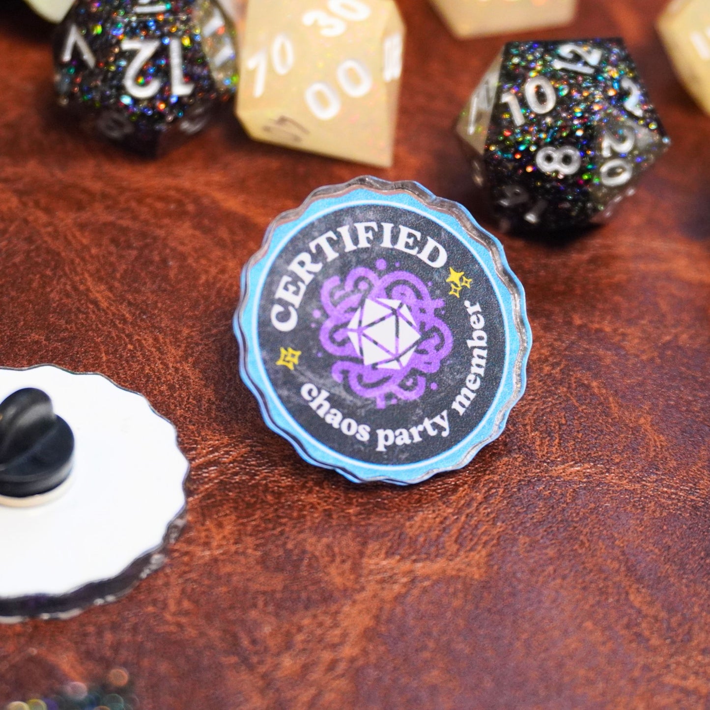 Certified Chaos Party Member D20 Acrylic Pin