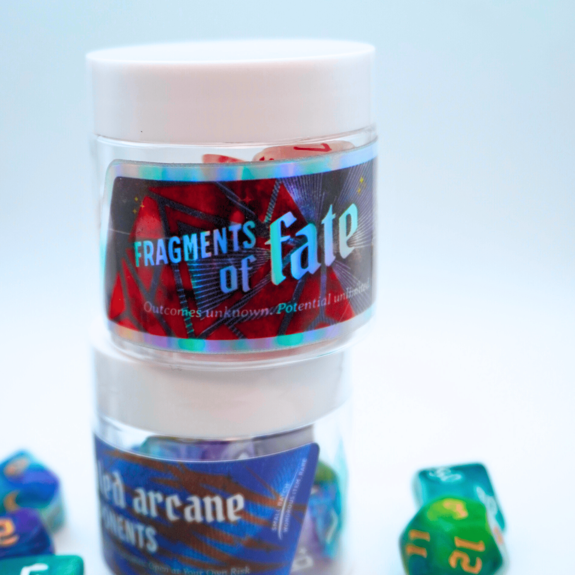 Fragments of Fate: Mystery Dice Bottle Set, 7 RPG Dice Set of 7 Polyhedral with Plastic Bottle and Special Label, for Tabletop Role Playing Games Like Dungeons and Dragons