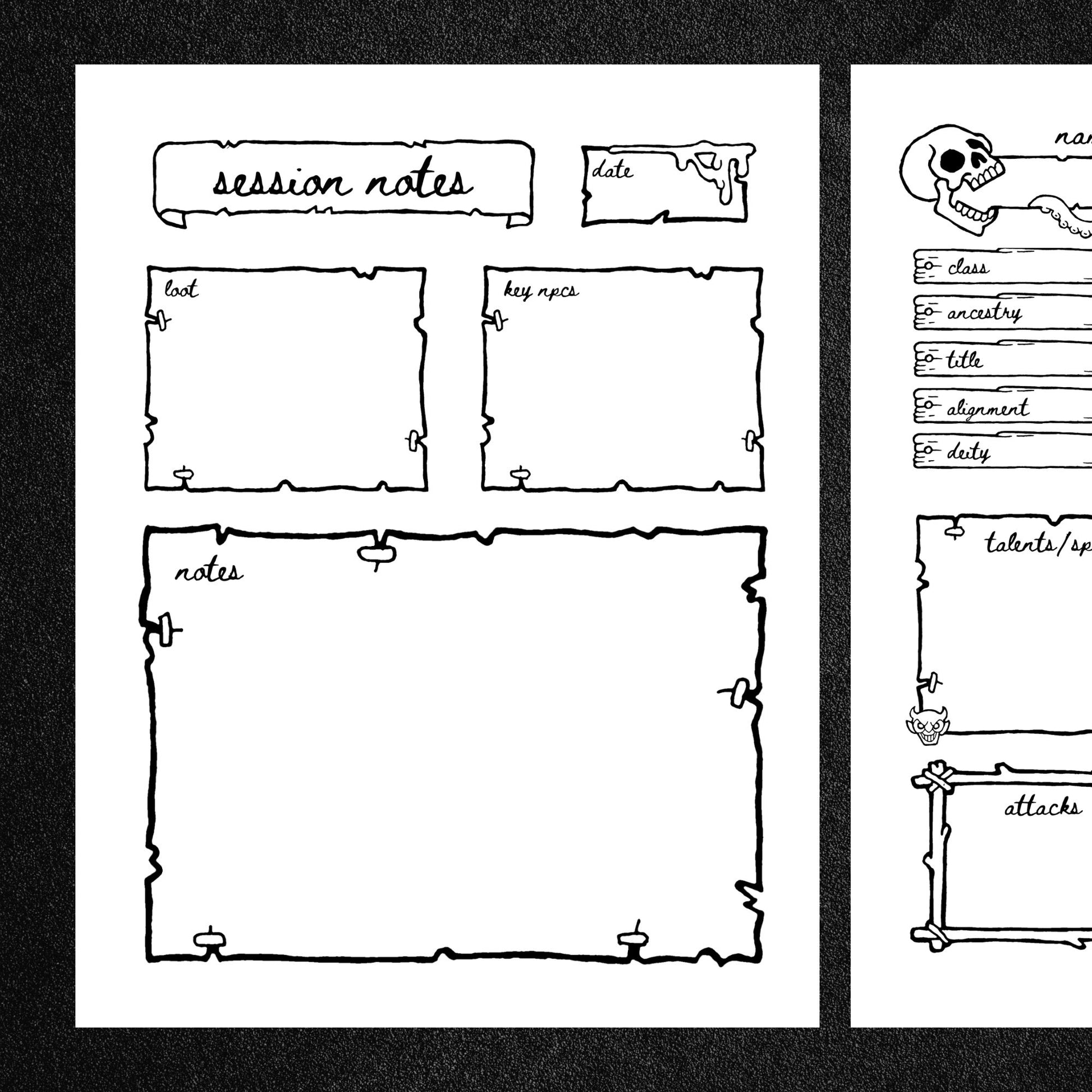 Shadowdark Skull Character Sheet and Session Notes