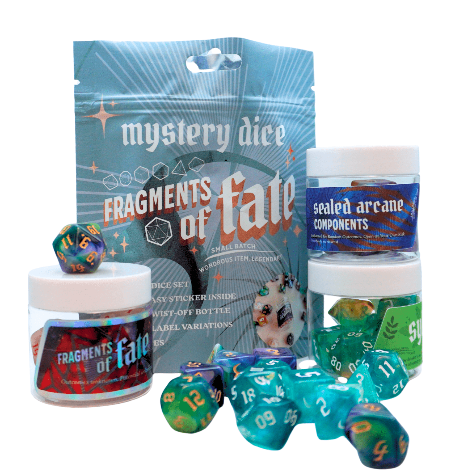 Fragments of Fate: Mystery Dice Bottle Set, 7 RPG Dice Set of 7 Polyhedral with Plastic Bottle and Special Label, for Tabletop Role Playing Games Like Dungeons and Dragons